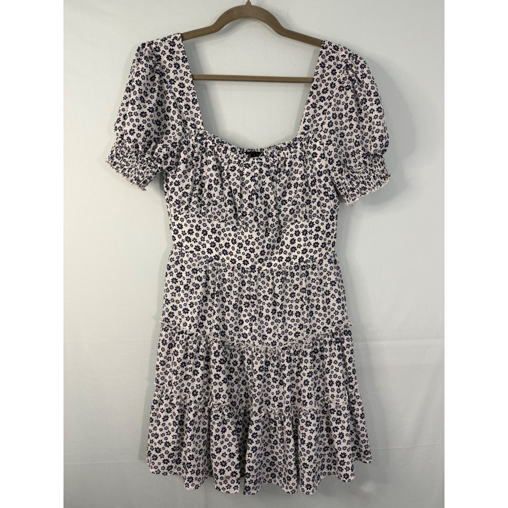 Trixx Clothing Company Floral Mini Dress Womens Medium Blue White Puff‎ Sleeve